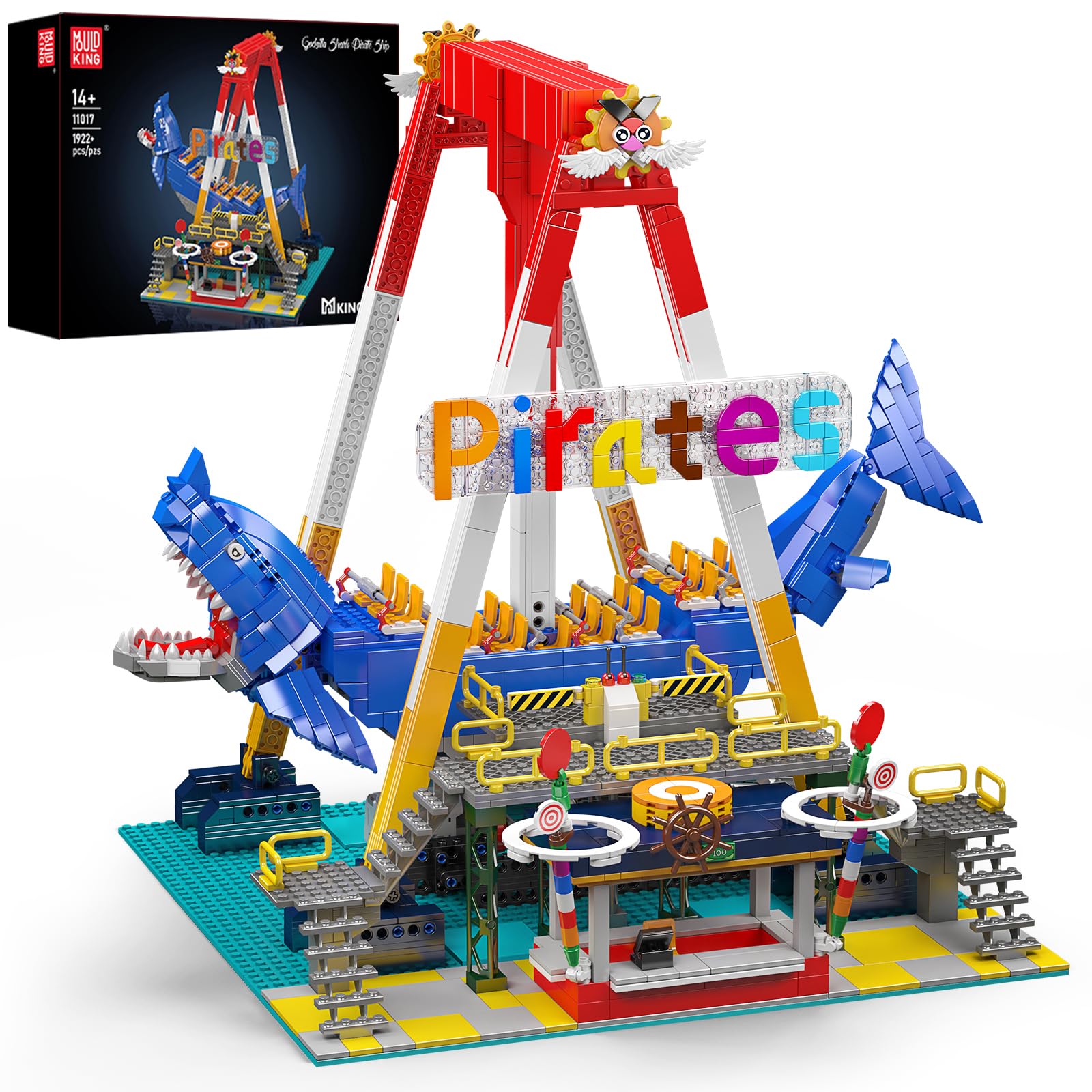 

Mould King 11017 MOC Technic Creative Amusement Park Model Pirate Ship Kit with Motorized Swing Function, Interlocking Block Kit (1922 Pieces)