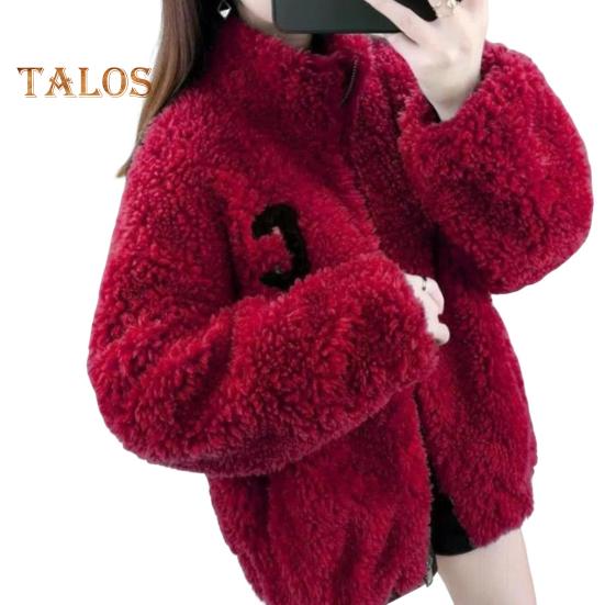 Winter Lady Coat Thickened Double-sided Faux Fleece Solid Color Stand Collar Neck Protection Letter Decor Long Sleeves Keep Warm Outdoor Travel