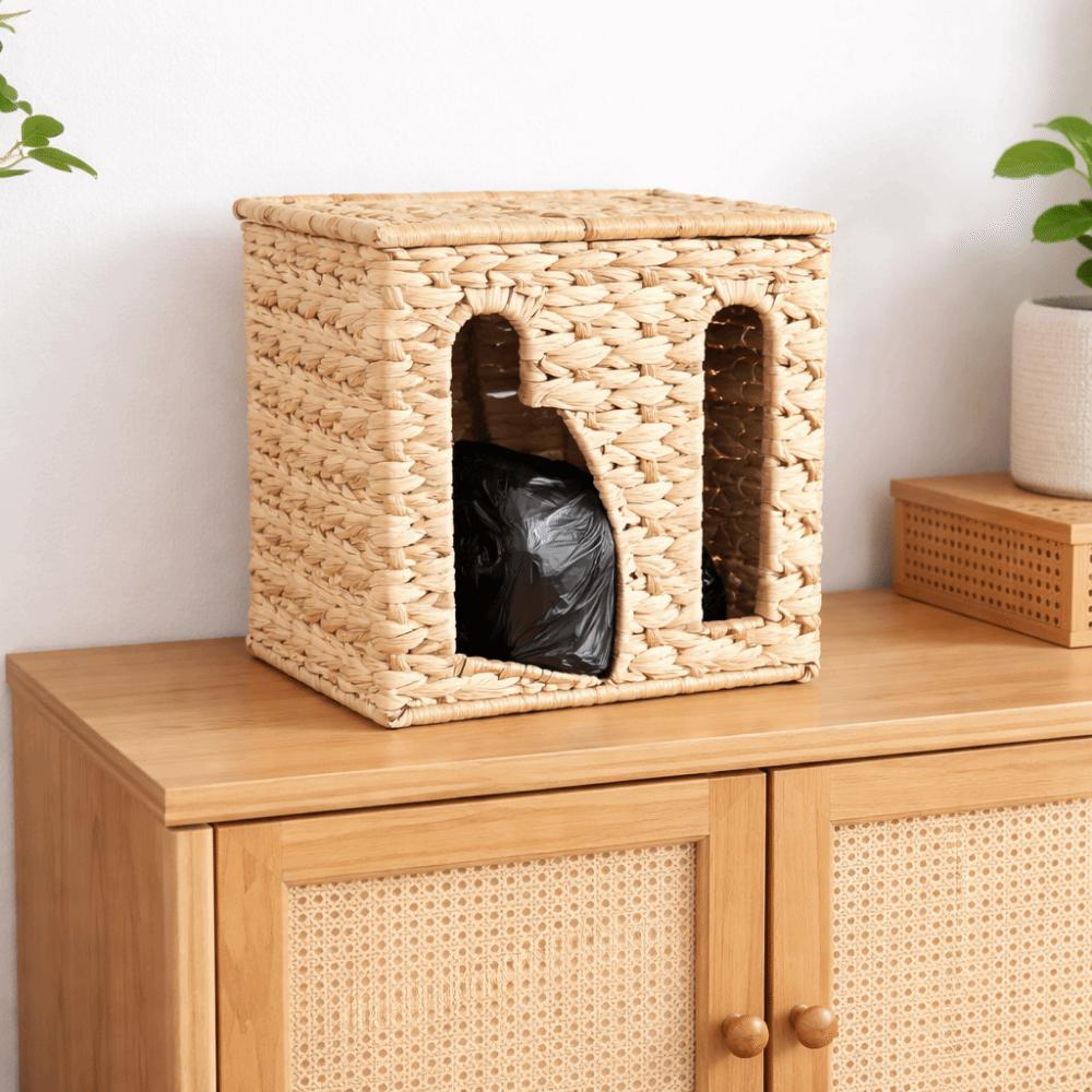 Rectangular Straw Weaving Storage Basket Wall Mounted with Lid Tissue Box Large Capacity Garbage Bag Storage Box Living Room