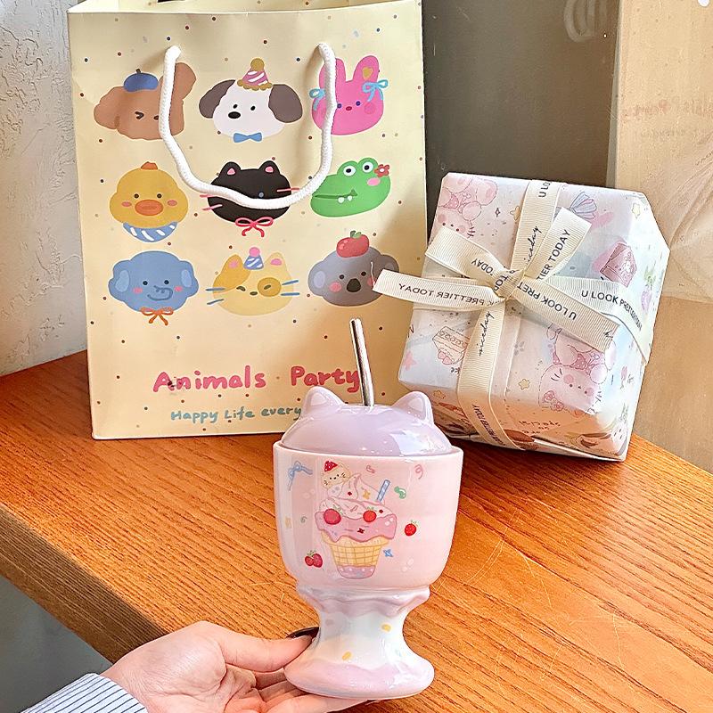 Cute Cat Goblet High Value Straw Water Cup Girls Birthday Gift Souvenir Practical Gift Box