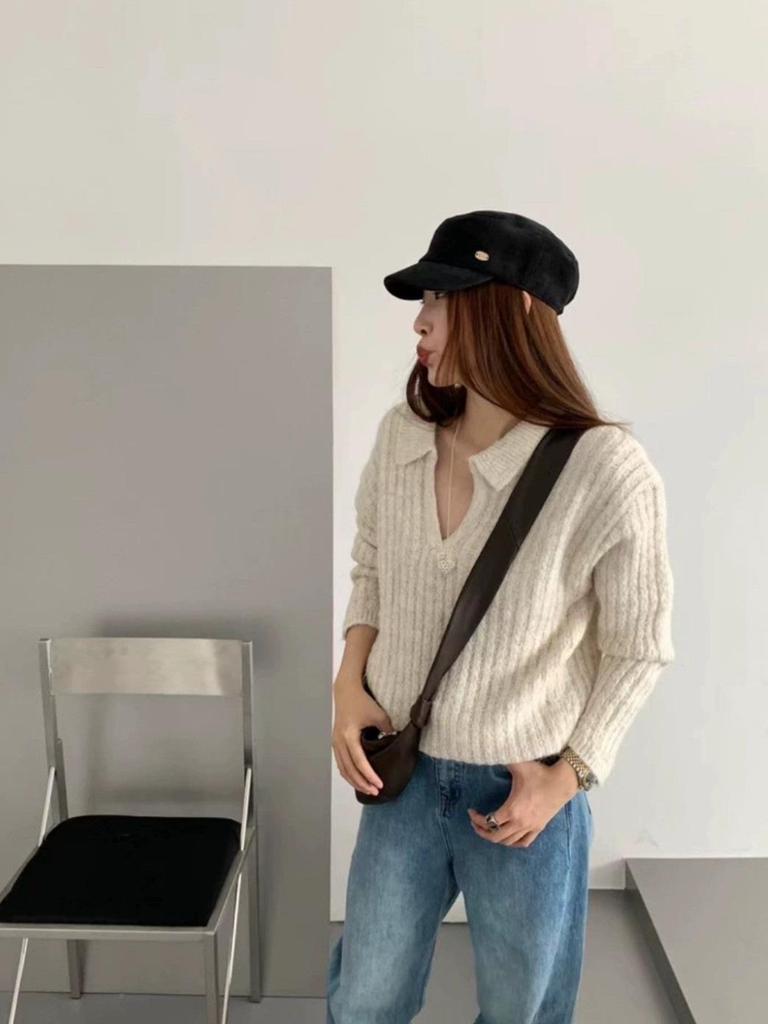 Korean Style Casual Slimming Long Sleeve Polo Pullover Sweater Coat 2026