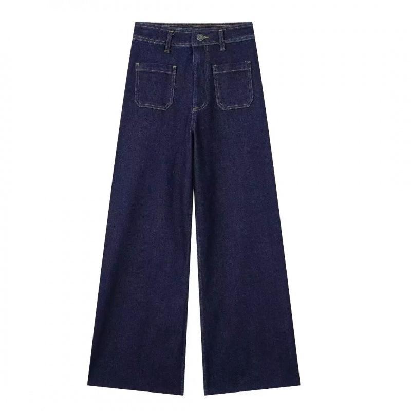 

European & American Style Women s High-Waisted Straight Jeans with Pocket Decoration S темно-синього кольору