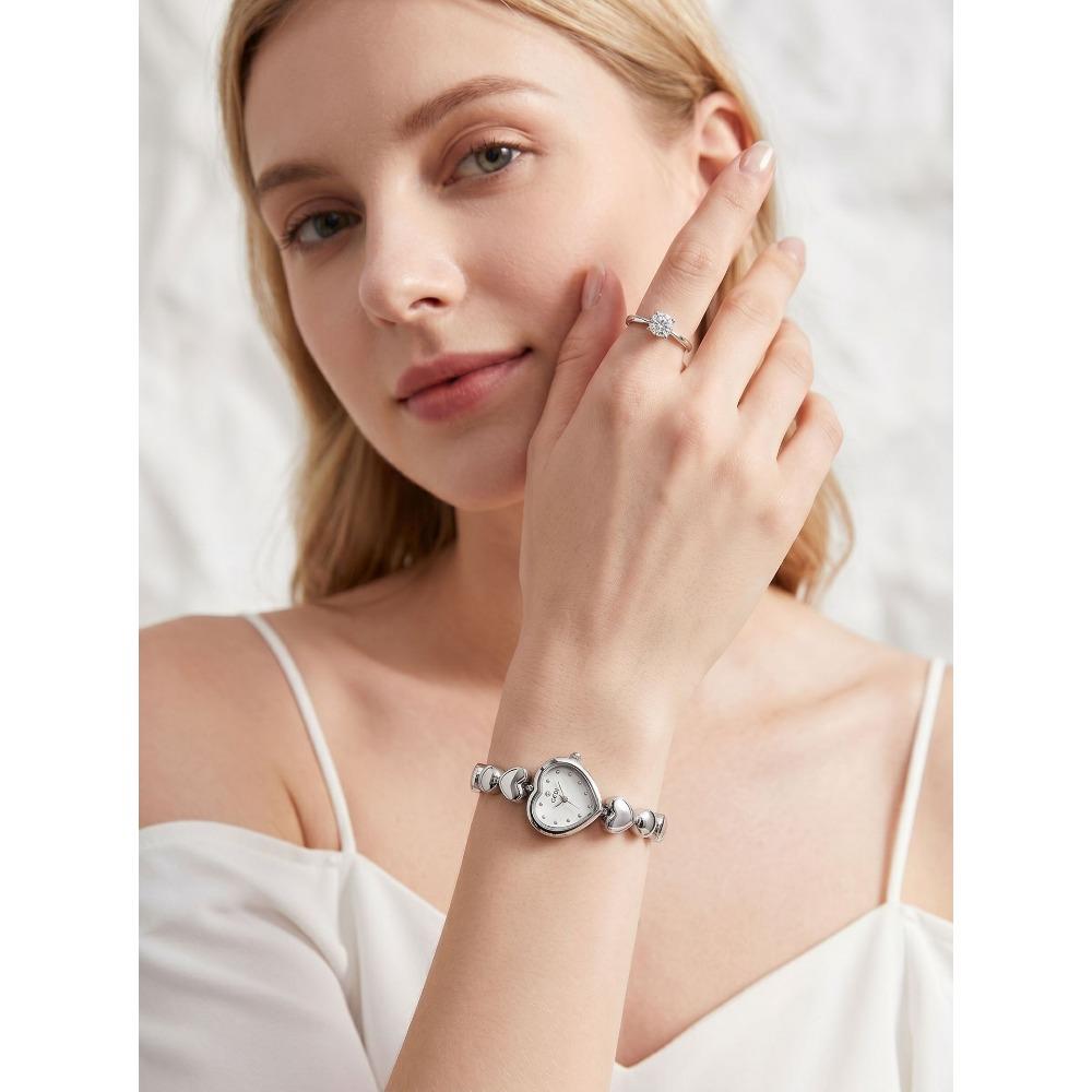 GEDI Women Quartz Wrist Watch Heart Shaped Dial Rhinestone Decor Metal Link Bracelet Waterproof Dress Watch