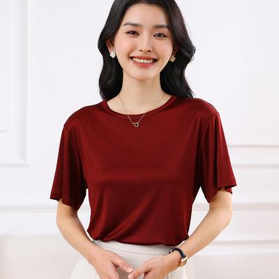 Round Neck Short Sleeve Women's Solid Color Thin T-shirt V-neck Top Loose T-shirt