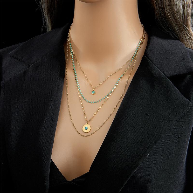 Gold Plated Stainless Steel Triple Layer Turquoise Bead Disc Pendant Necklace золотой