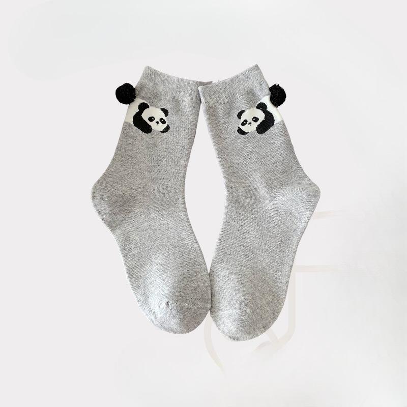 Bottom Ball Cartoon Animal Socks, Cute Mid-calf Socks for Girls, Solid Color, Versatile Panda Dui Dui Cotton Socks