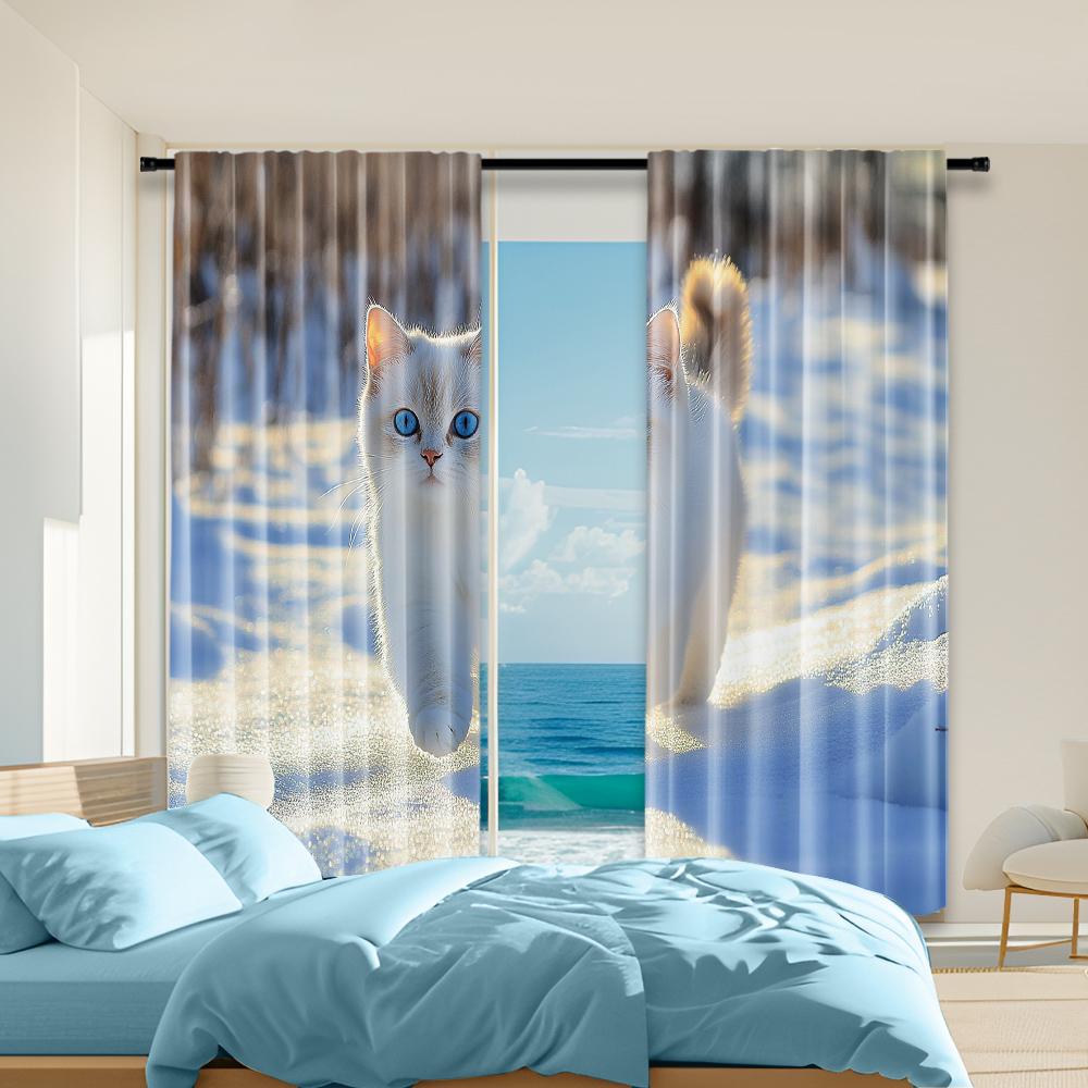

Set Of 2 Versatile Polyester Transparent Curtains Home Decoration Snow Cat Use Bedrooms Living Rooms Curtain Ideal For Room W100*H70(CM)-Rod Pocket&1PCS