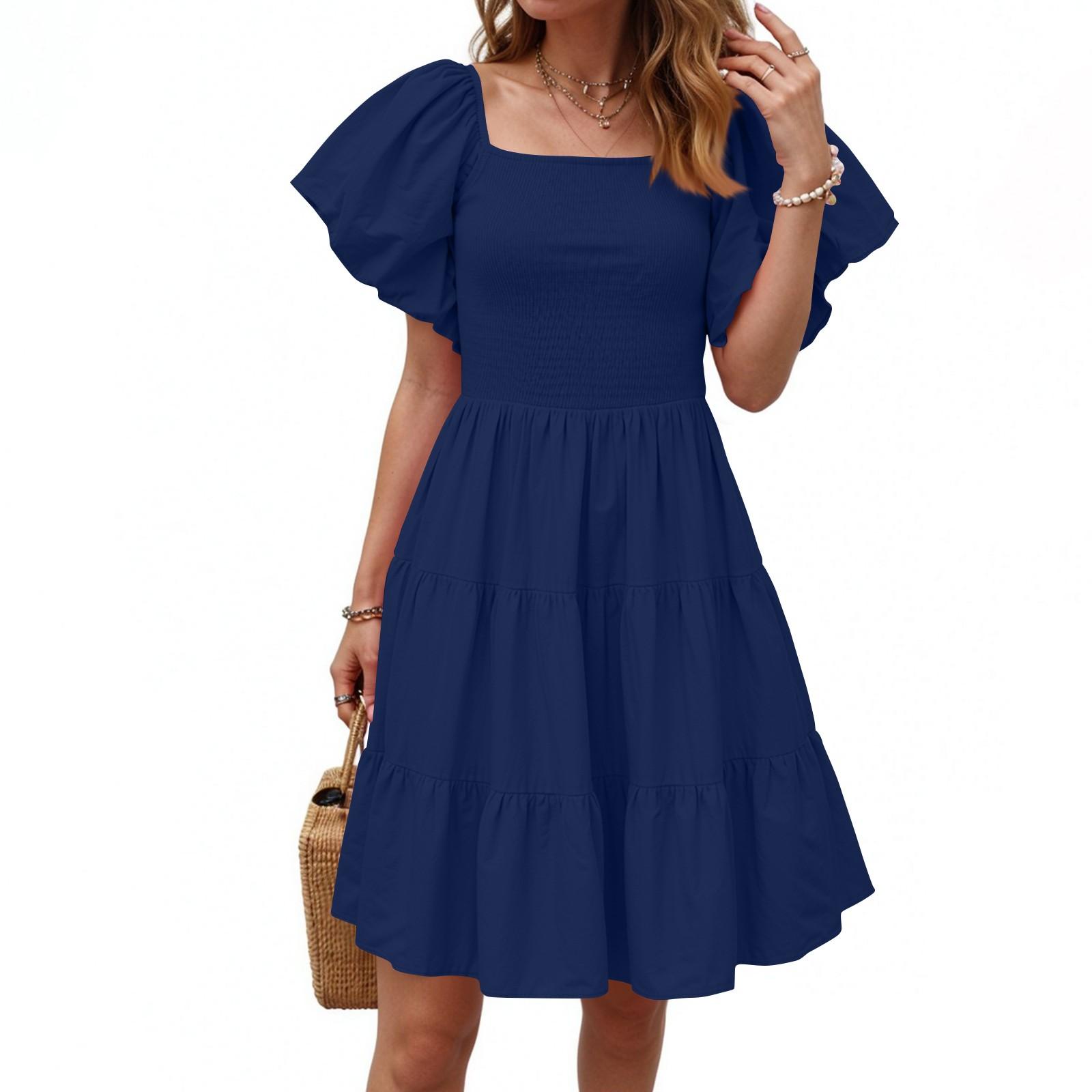 

Women s Bubble Sleeve Pleated Patchwork A-line Large Hem Dress XL Темно-синій