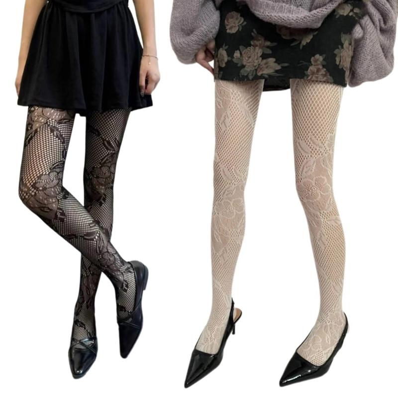 Korean Elegant Mesh Net Tights Hollowed Out Flower Pattern Stretch Full Length Stockings Fishnet Pantyhose for Women