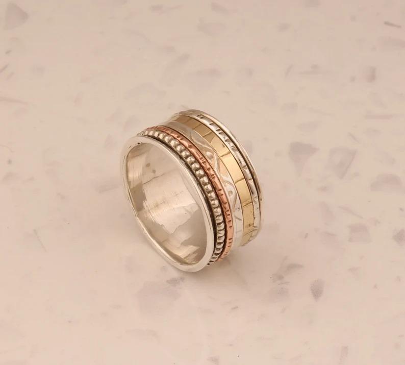 Ručně vyrobený designový prsten Spinner Band, stříbro 925, masivní prsten, unisex prsten, Statement Ring, Party Ring,