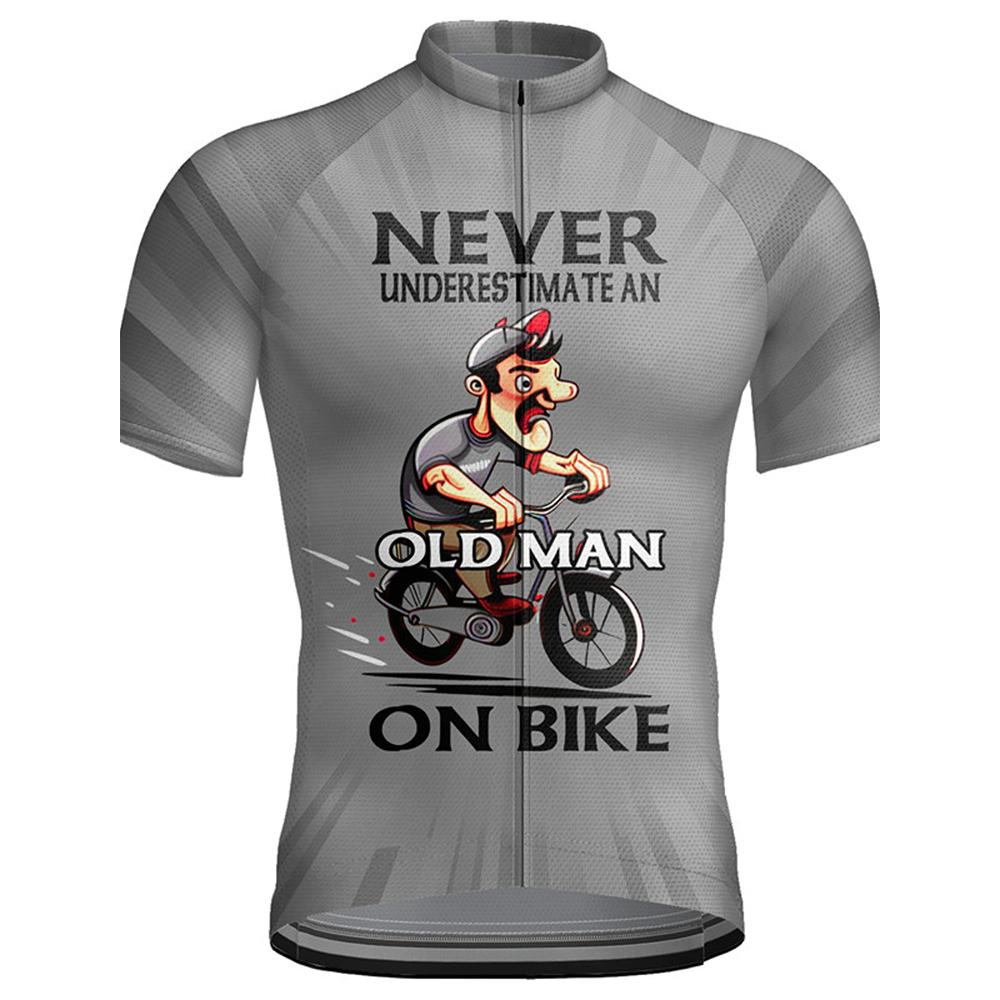 Herren Blaues Radtrikot mit Grafik "Unterschätze niemals einen alten Mann auf einem Fahrrad" - Kurzarm, Reißverschluss, Schnelltrocknend, Sonnenschützende Outdoor-Sportbekleidu