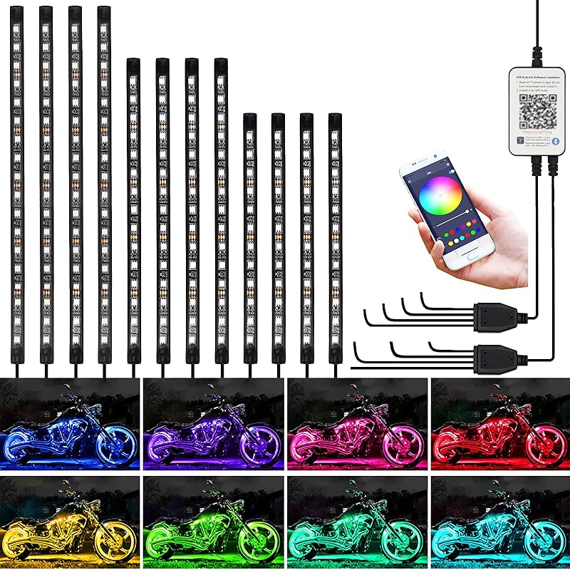 Kairiyard 8PCS Motorcycle Underglow LED Light Kit, App Control Multicolor Motorcycle LED Light Kit Music Sync RGB Strips Light Waterproof Compatible