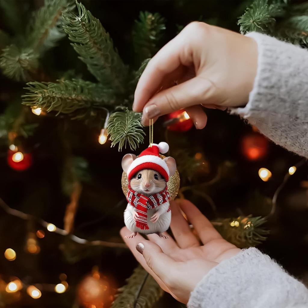 Christmas Mouse Decor Cute 4-Piece 2D Acrylic Christmas Decorations Mouse Holiday Tree Ornaments for Wall Door Window Outdoor