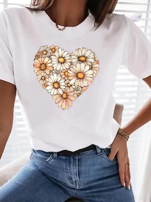 (Asian Size) Print Female Clothing T Shirt Sweet Flower 90s Cute Women Fashion Tee Top Woman Short Sleeve Graphic T-shirts