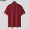 INCERUN Men Stand Collar T Shirt Vintage Printed Short Sleeve Tops