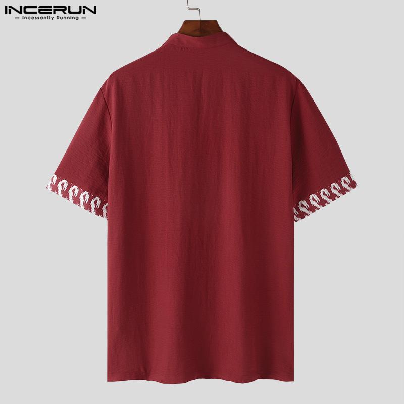 INCERUN Men Stand Collar T Shirt Vintage Printed Short Sleeve Tops
