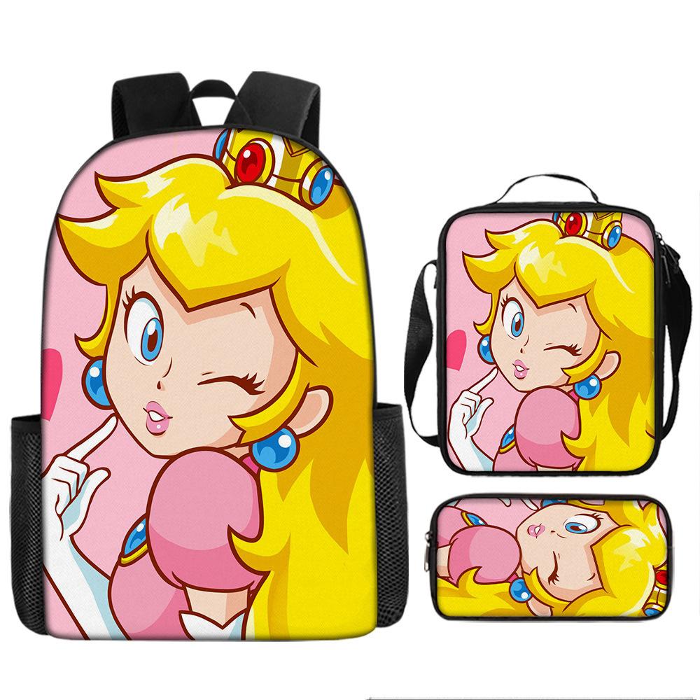Sada batohů s kresleným motivem Super Maria, Školní taška princezny Peach, 3dílná, polyesterová, Batoh s herním motivem