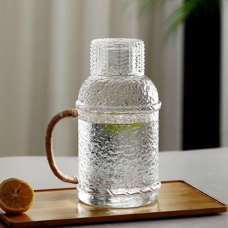 Hammered Glass Water Pitcher with Rope Handle – Heat Resistant, Large Capacity Cold Water Jug Water Botter