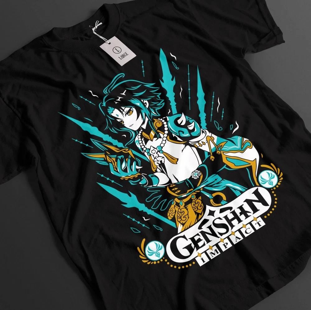 Anime Genshin Impact Xiao Green Dragon Black TShirt Gift For Otaku S