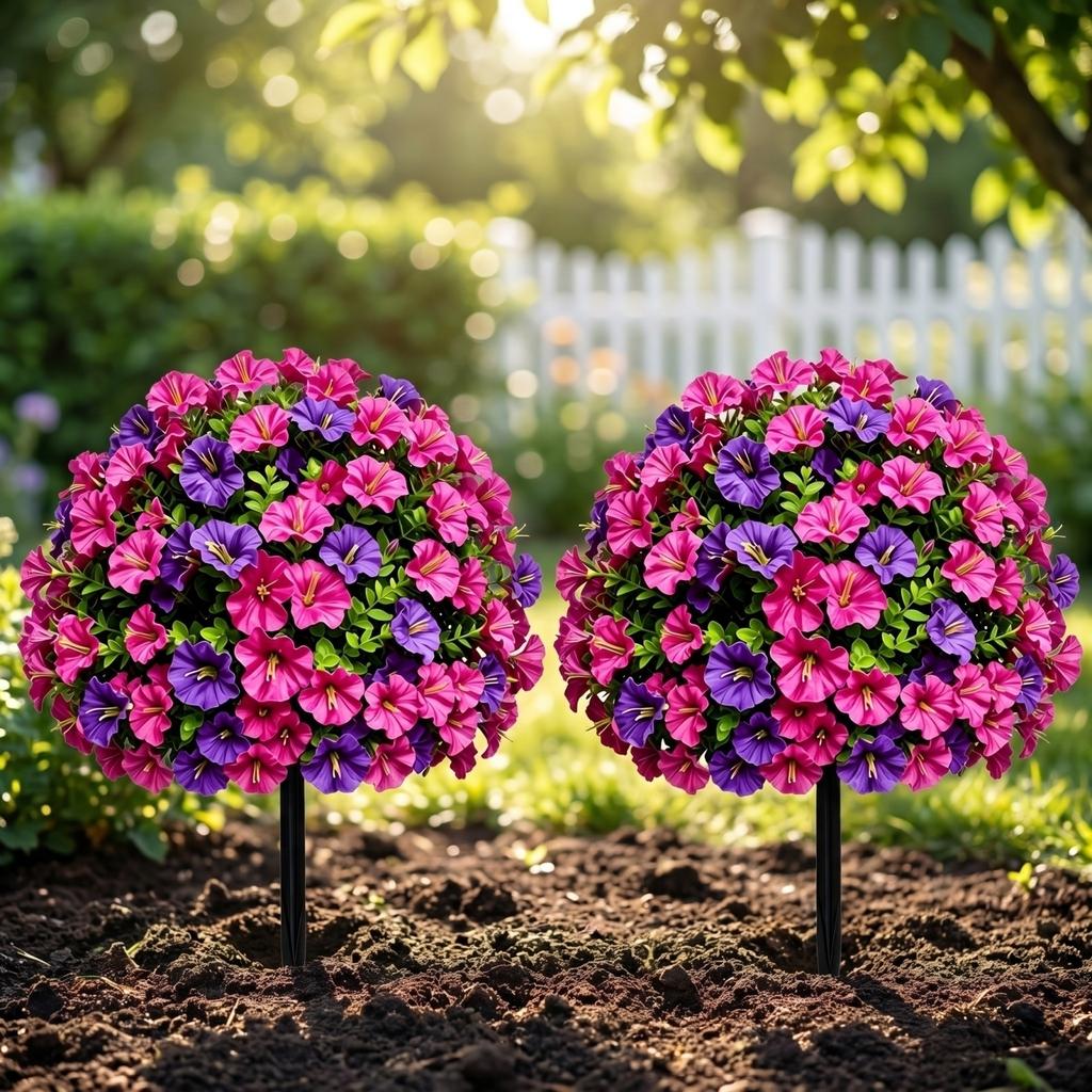 2pc Artificial Morning Glory Flower Garden Stakes with Realistic Plastic Leaves and Durable Ground Stakes for Outdoor Yard Patio Decoration