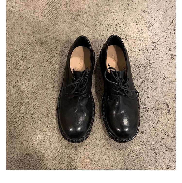Washed Shrinkage Horse Leather Texture Derby British Style Loafer Single Shoes Lace-up Small Leather Shoes Women's