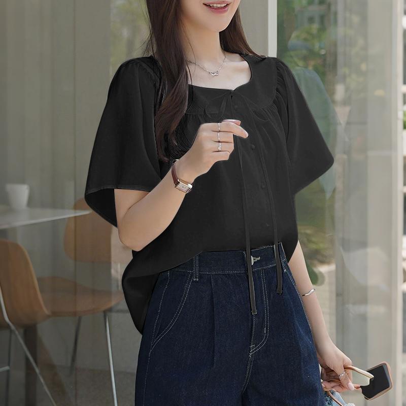 

ZANZEA Женская повседневная блузка с круглым вырезом, свободного кроя, с коротким рукавом, летняя M чёрный