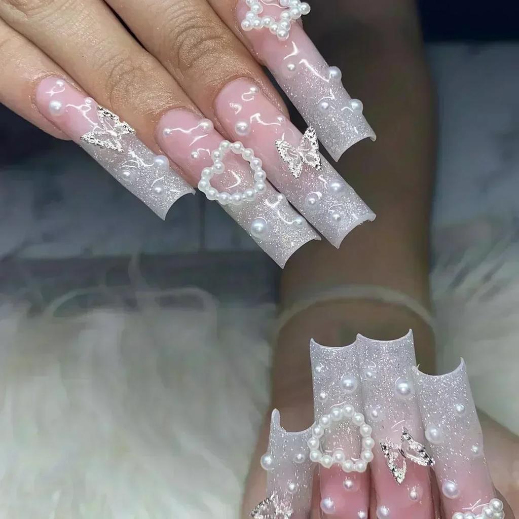 24Pcs French Ballet Heart Long Square Coffin False Nails With Glue Detachable Full Cover Press On Nails