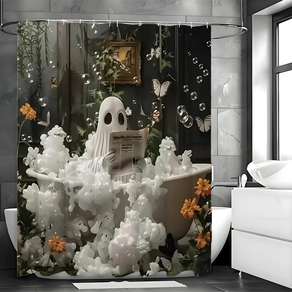 Halloween Spooky Bath Bubbles Floral Shower Curtain, Bathroom Decorative Shower Curtain, Waterproof Shower Curtain With Hooks
