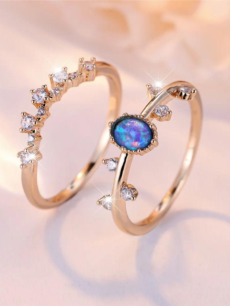 

Crystal Female White Zircon Blue Opal Stone Ring Set Fashion Vintage Gold Color Bridal Wedding Engagement Jewelry For Women 10