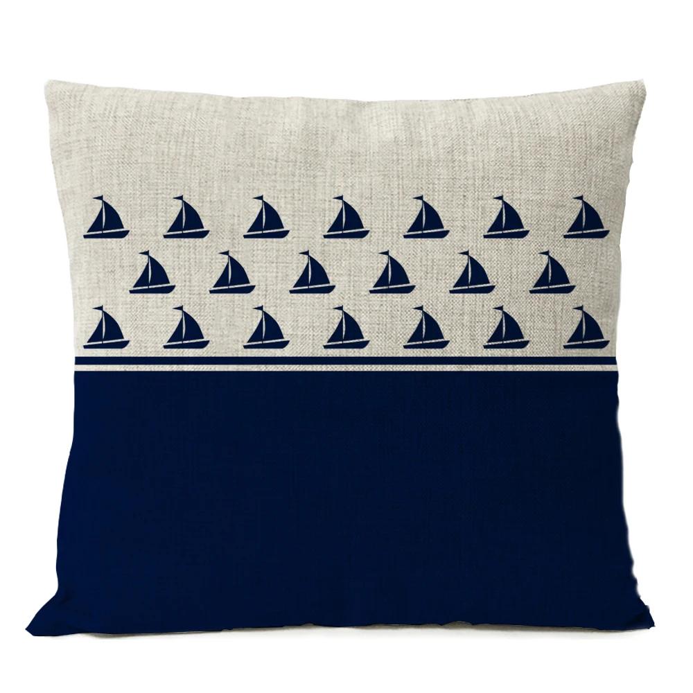 Home Decorative Navigation Blue Compass Anchor Pillow Cover Nautical Shell Fish Linen Pillow Case Mediterranean Cushion Cover