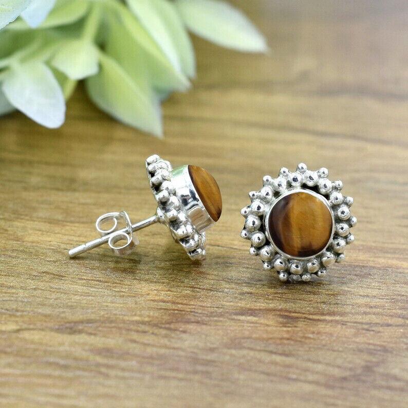 Tiger's Eye Earring Stone Jewelry Sterling Silver Small Stud Minimalist Earring