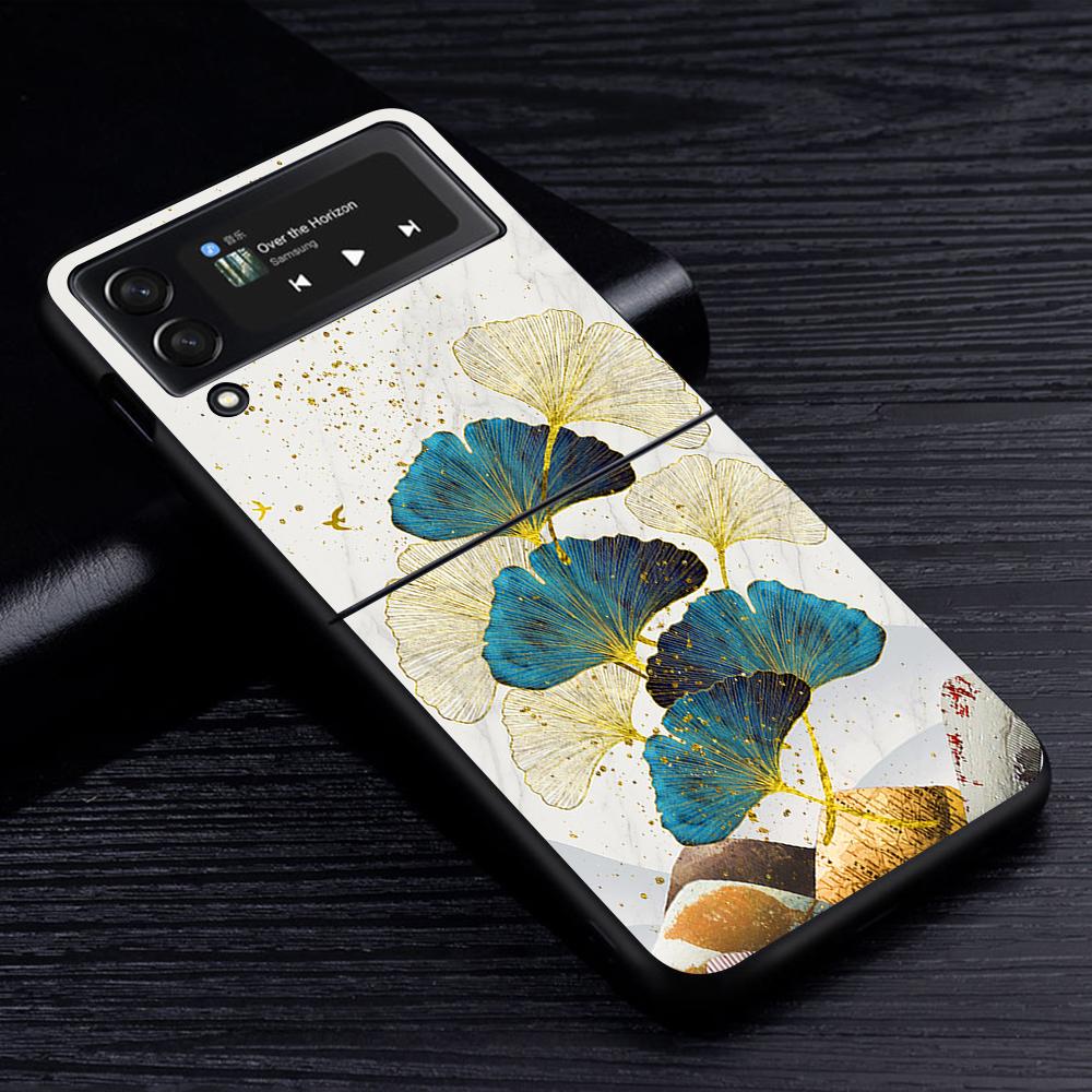 Ginkgo Biloba L. Flower Luxury Gold Foil Art Case for Samsung Galaxy Z Flip3 5G Flip4 Black Hard Phone Cover Flip 3 Shell Zflip3