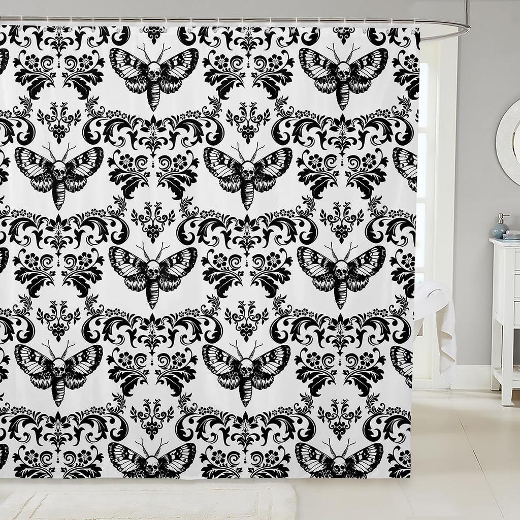 Vintage Boho Damask Floral Bathroom Curtain,Bohemian Exotic Goth Shower Curtain Victorian Baroque Flower Shower Bathtub Decor