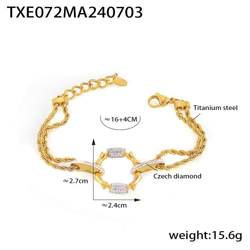 Retro Bamboo-Inspired Diamond Necklace  Bracelet Set in 18k Gold-Plated Titanium Steel