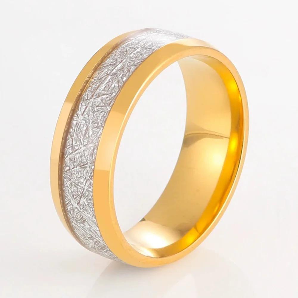 Trendy 8mm Rose Gold Color Vintage Imitated Meteorites Inlaid Rings Men Stainless Steel Rings for Men Wedding Band Jewelry Gifts