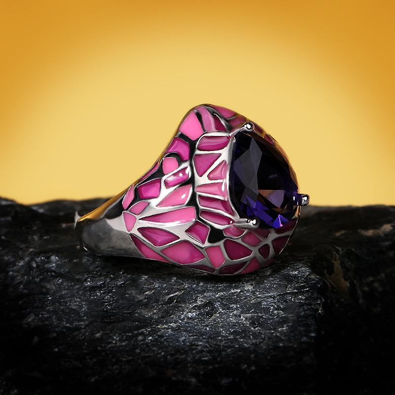 925 Ladies Jewelry Dark Blue Big Zircon Ring Pink Epoxy Irregular Creative Ladies Exquisite Jewelry Handmade Enamel ring