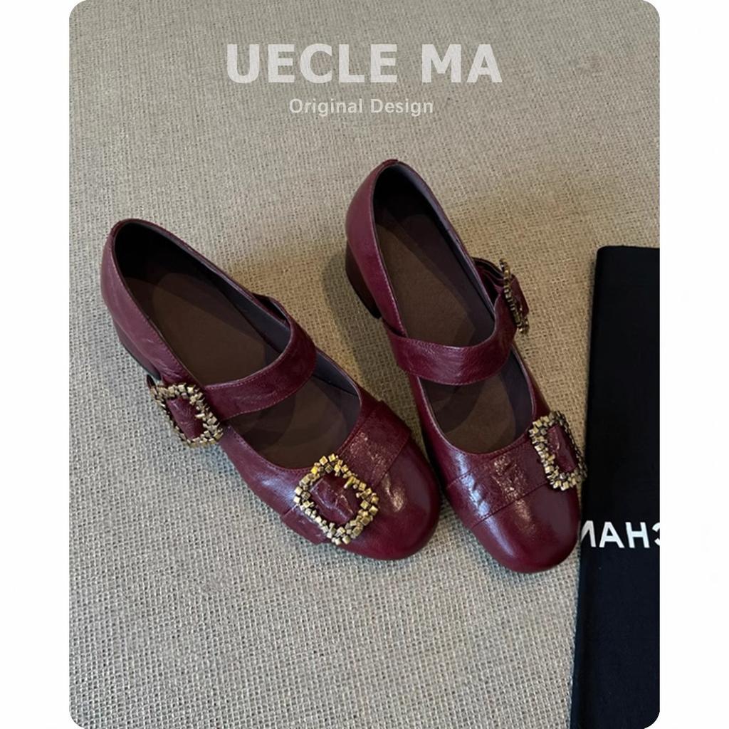 Leather Red French Single Shoes Women Are Beautiful, Not Tired, High Heels, Thick Heels, Retro One-word Buckle Mary Jane Shoes