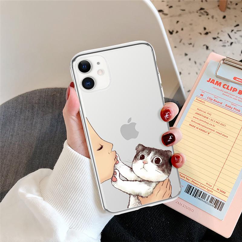 Cute Cat Phone Case For iPhone 13 12 11 Pro Max X XR XS Max 7 8 6 6s Plus 12 13 Mini 5 5S SE2020 Soft TPU Transparent Back Cover