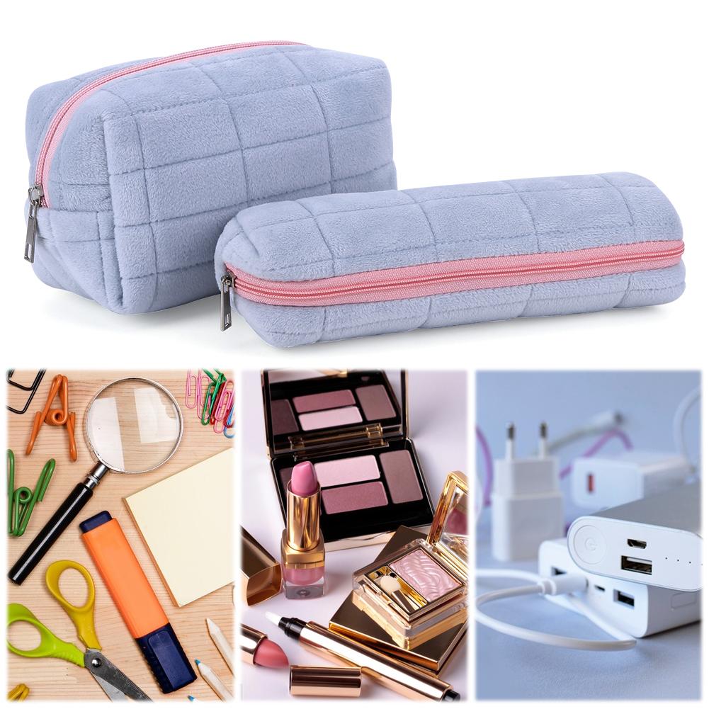 

Plush Makeup Bag Cosmetic Organizer Bag Large Capacity with Pen Bag Soft Cosmetic Bag Aesthetic Zip Closure Simple Toiletry Bag синий