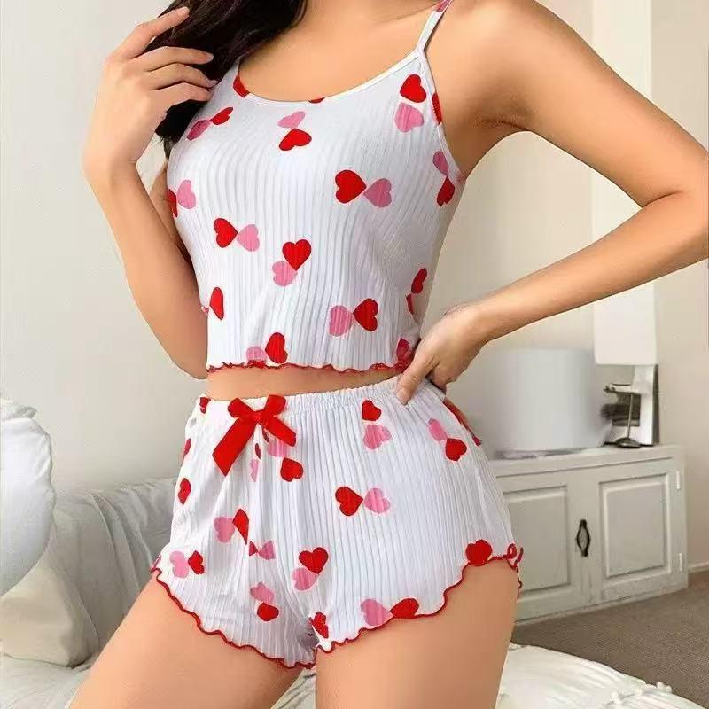 Women's Heart Print Ribbed Camisole & Shorts Loungewear Set