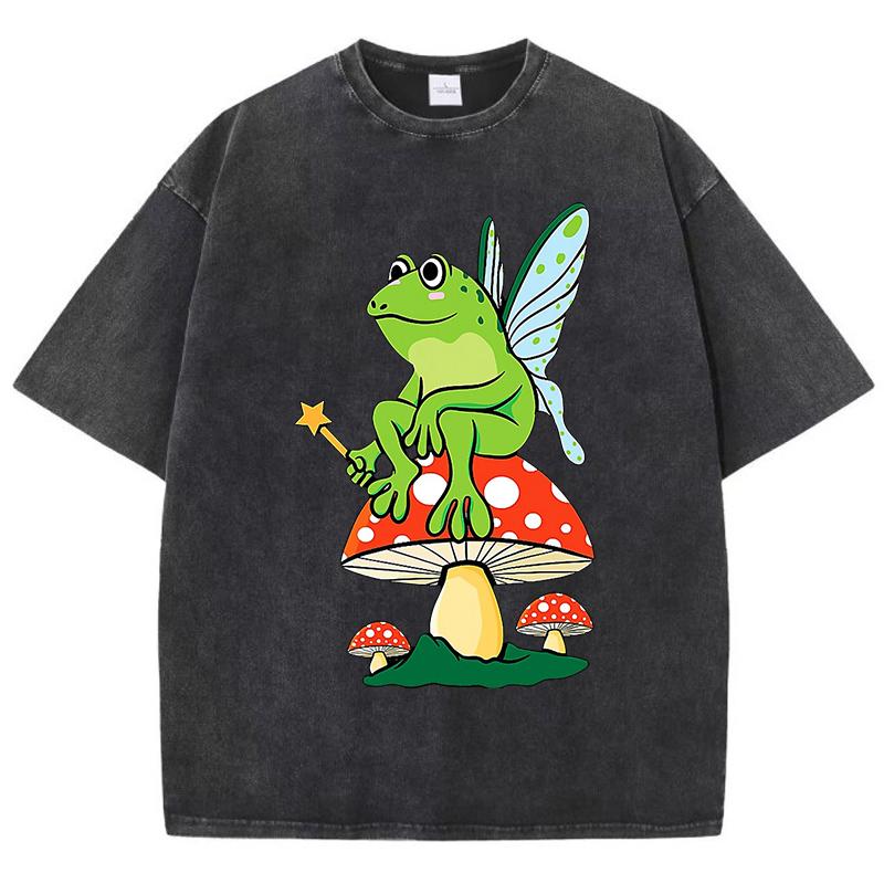 Frosch FeeCore Pilz Druck Damen Gewaschenes T-Shirt Baumwolle Lässig T-Shirt Locker Hip Hop Kurzarm Vintage Kleidung
