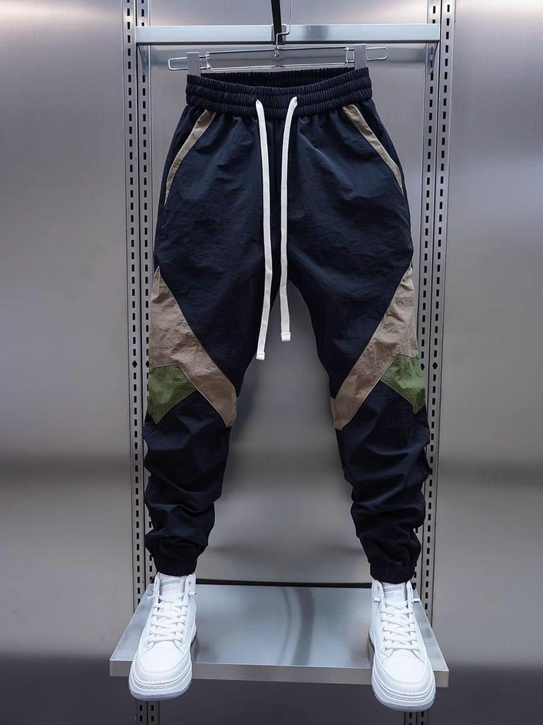 Men's Summer Color-Block Joggers: Elastic Waist, Patchwork, Tapered Leg, Trendy Harem Pants