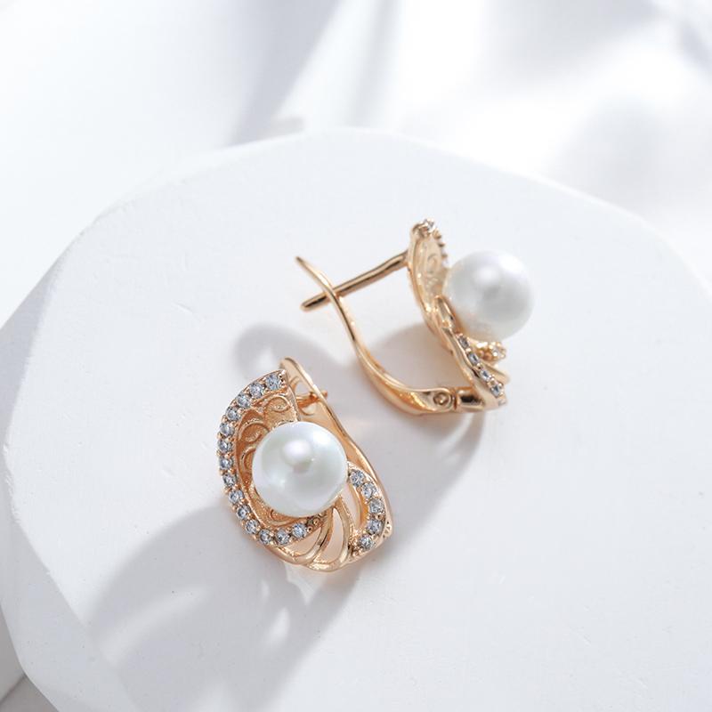 New Round Pearl Dangle Earrings For Women  Rose Gold Color Flower Ethnic Bride Earrings Lovely Fashion Daily Jewelry