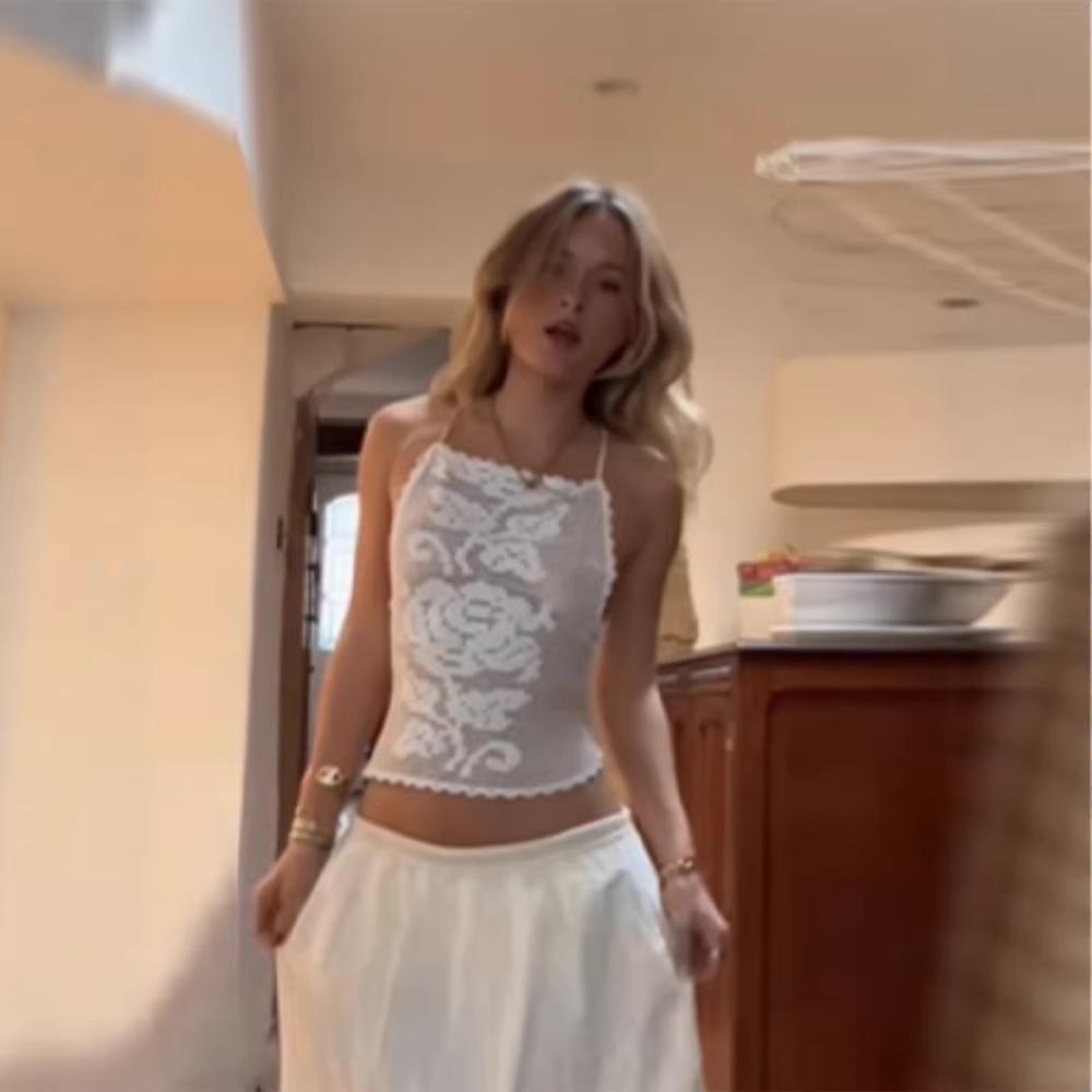 2026 Spring Women s Sexy Rose Print Backless Strappy Camisole Top Small белый