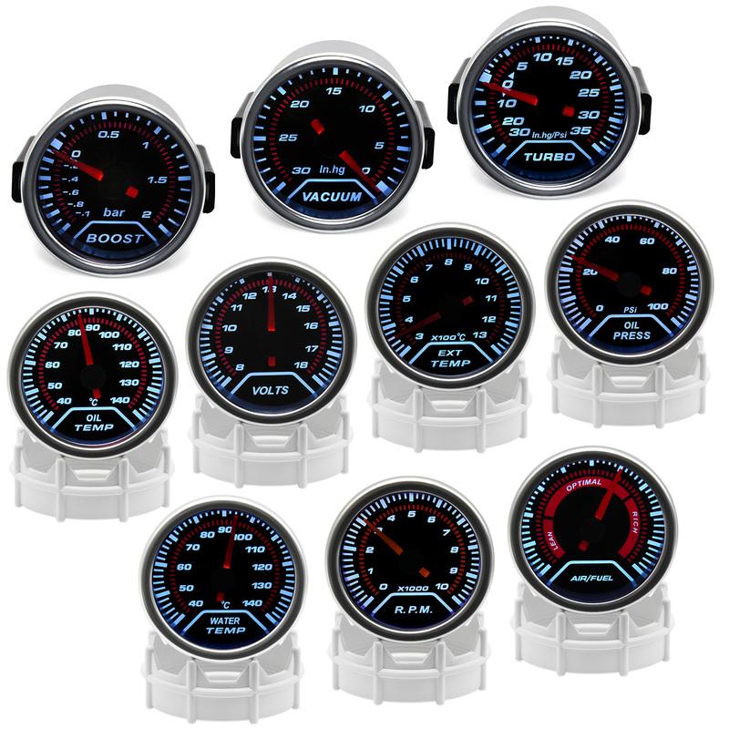 12V 52mm Racing Car Gauge 12V LED Smoke Len -1~0~2 BAR Turbo Boost Gauge Tachometer Water Temperature Meter Oil Pressure Gauge