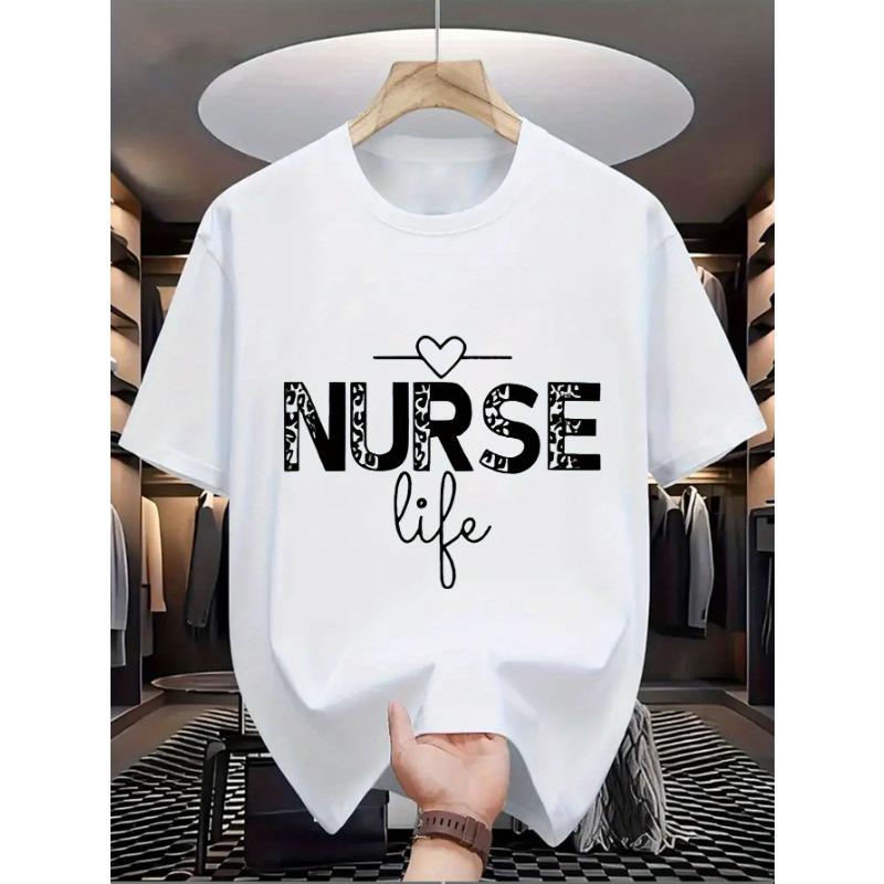 European Size Nurses' Letters and Creative Patterns Printed Tops, Men's Fashion Casual Round Neck and Short Sleeves, Daily Wear On Many Occasions.