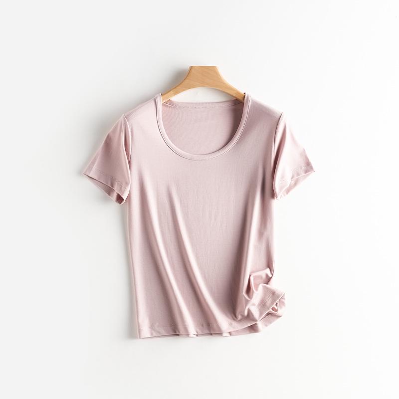 2026 Women s Spring/Summer Lyocell Tencel Spoon Neck Solid Color Short-Sleeve Top Extra Large розовый