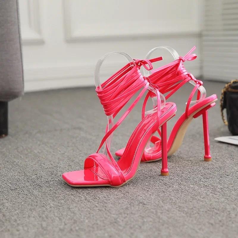 Sexy Ankle band Cross Candy Colored Women's High Heel Sandals Fashion Square Head Peep toe Party wedding Shoes