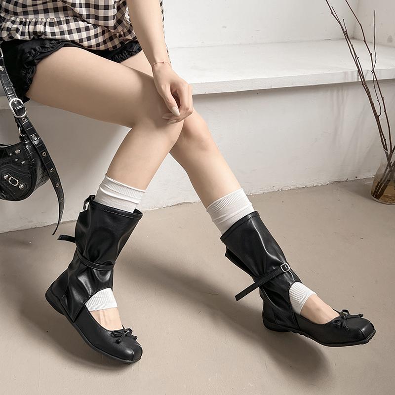 2025 Summer Women's Retro Square Head Bow Ballet Hollow Medium Tube Thick-soled Western Boots Female Woman Shoes Sandals