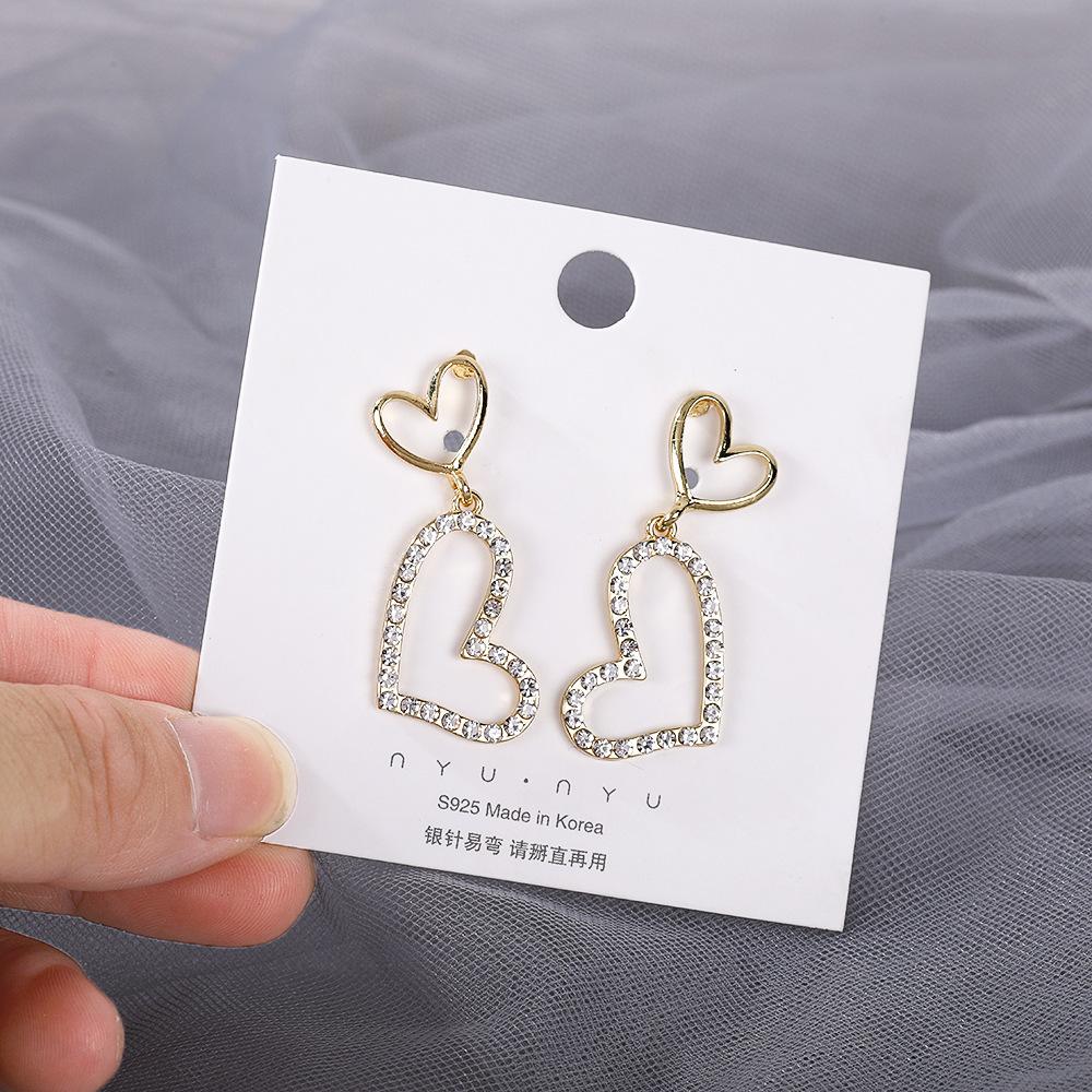 S925 silver needle double-layer diamond-set love earrings tide Korean version temperament earrings female Internet celebrity long ear stud earrings
